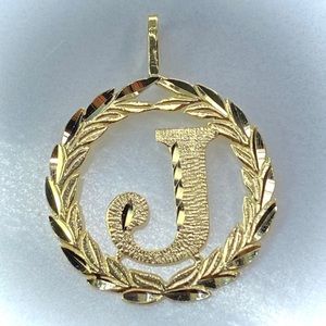 14K Solid Gold Round Initial Letter J Pendant